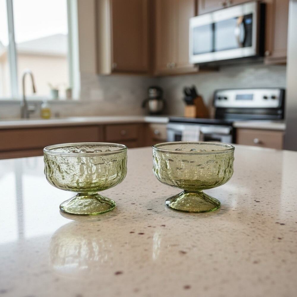 Vintage Anchor Hocking Lido Milano Green Crinkle Sherbet Glasses Set of 2